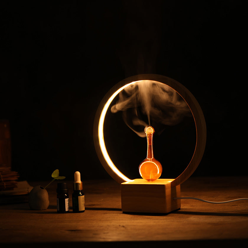 Light bulb experiment on a wooden table with a dark background
