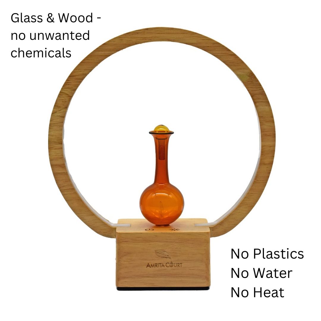 Decorative item with glass and wood design, featuring a brand logo on a white background.