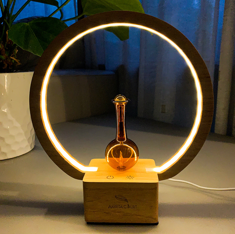 Decorative lamp with circular light ring on a wooden base, featuring a brand name, in a home setting.