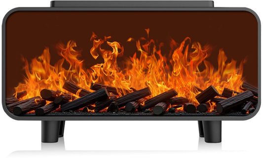 Rectangular electric fireplace insert with flames and logs on a white background