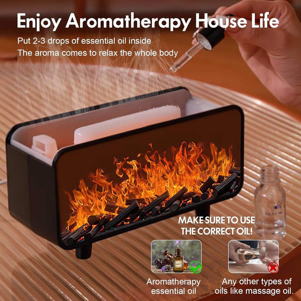 Fireplace 3-in-1 Ultrasonic Air Diffuser, Aromatherapy Humidifier, Auto Shut-Off, Cool Mist, Electric Humidifier for Bedroom with 7 Colored Lights