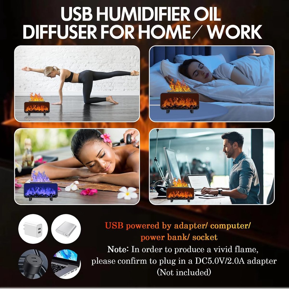 Fireplace 3-in-1 Ultrasonic Air Diffuser, Aromatherapy Humidifier, Auto Shut-Off, Cool Mist, Electric Humidifier for Bedroom with 7 Colored Lights