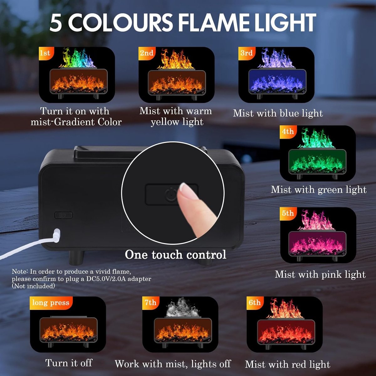 Fireplace 3-in-1 Ultrasonic Air Diffuser, Aromatherapy Humidifier, Auto Shut-Off, Cool Mist, Electric Humidifier for Bedroom with 7 Colored Lights