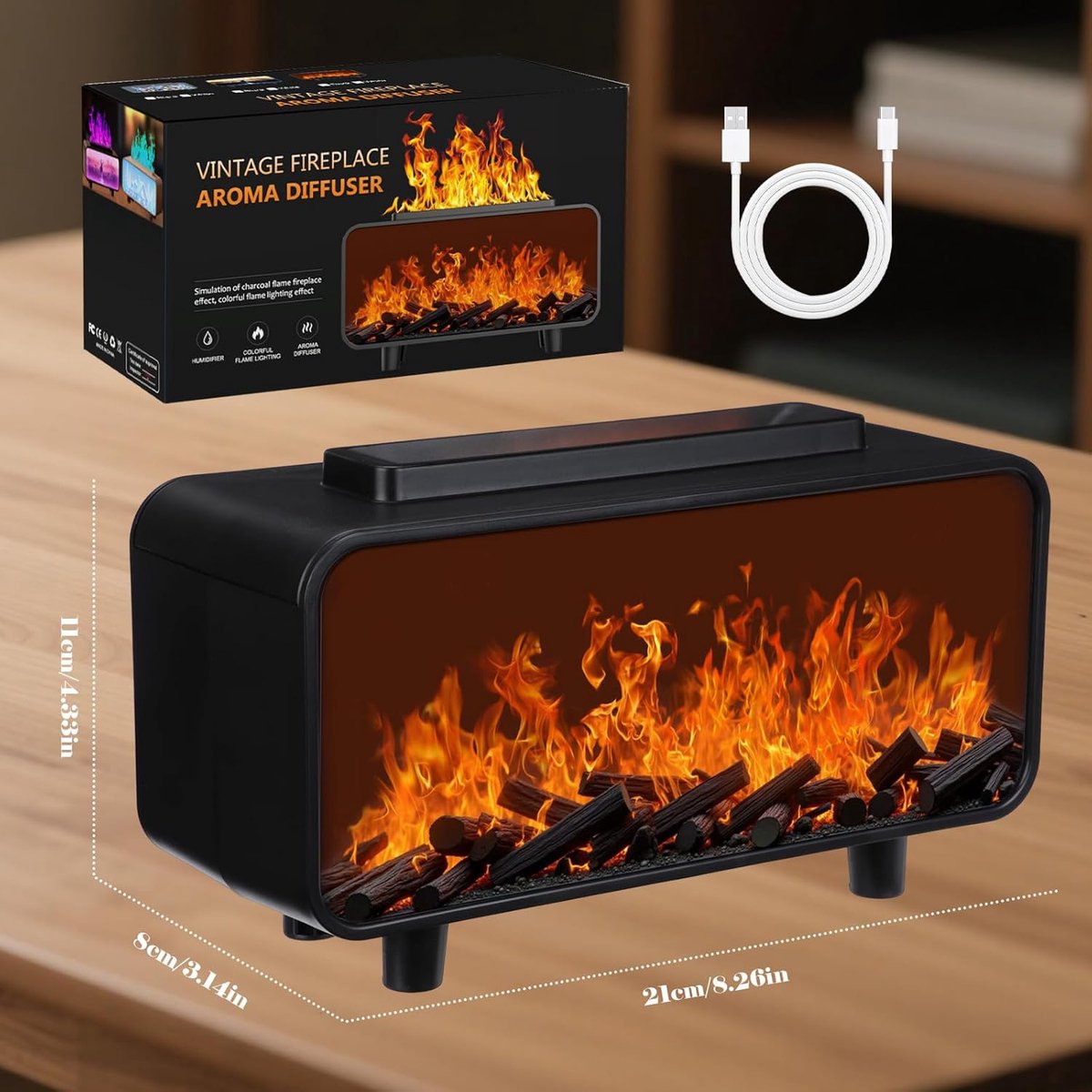 Fireplace 3-in-1 Ultrasonic Air Diffuser, Aromatherapy Humidifier, Auto Shut-Off, Cool Mist, Electric Humidifier for Bedroom with 7 Colored Lights