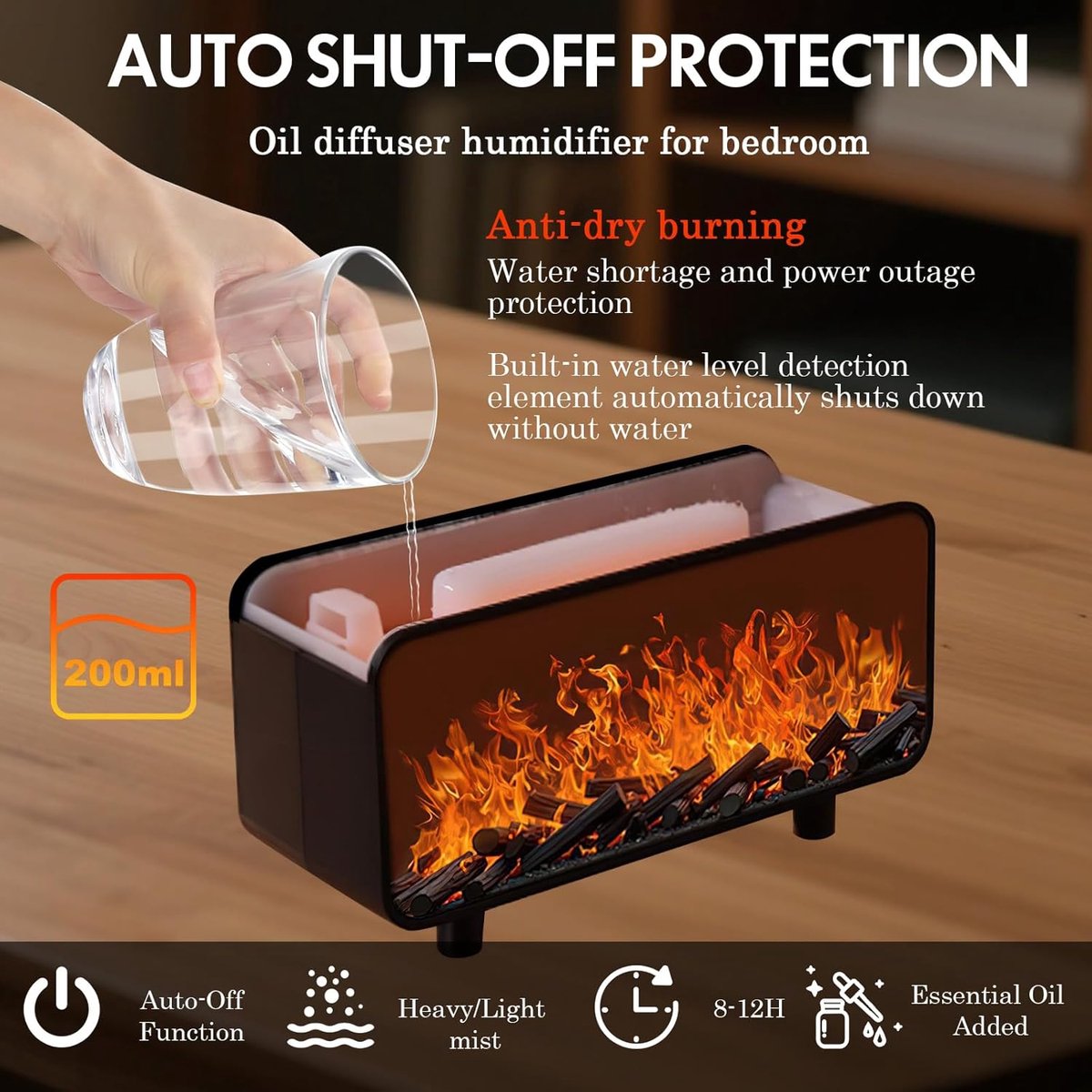 Fireplace 3-in-1 Ultrasonic Air Diffuser, Aromatherapy Humidifier, Auto Shut-Off, Cool Mist, Electric Humidifier for Bedroom with 7 Colored Lights