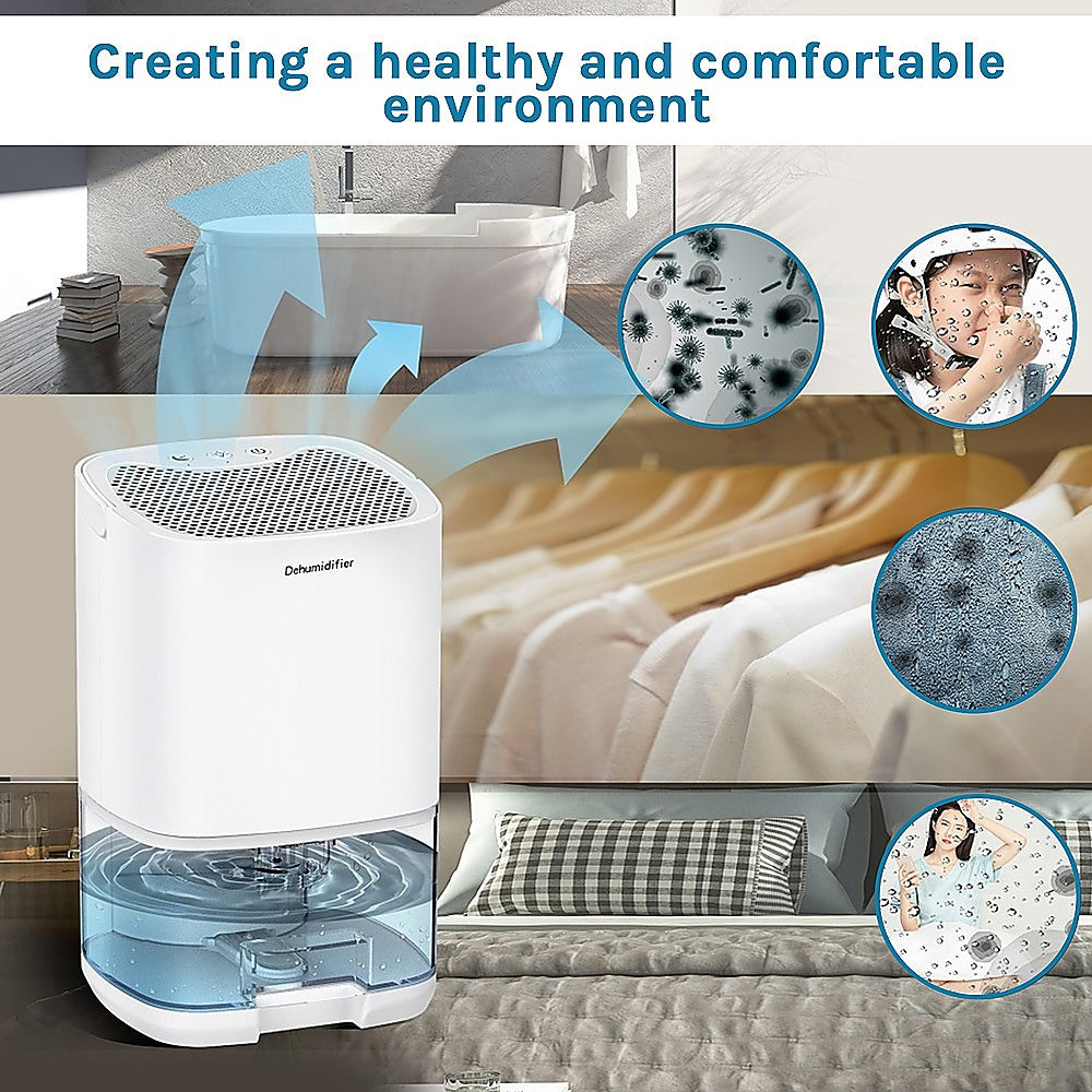 Portable Mini Dehumidifier showing 1000ML water tank capacity and control panel features