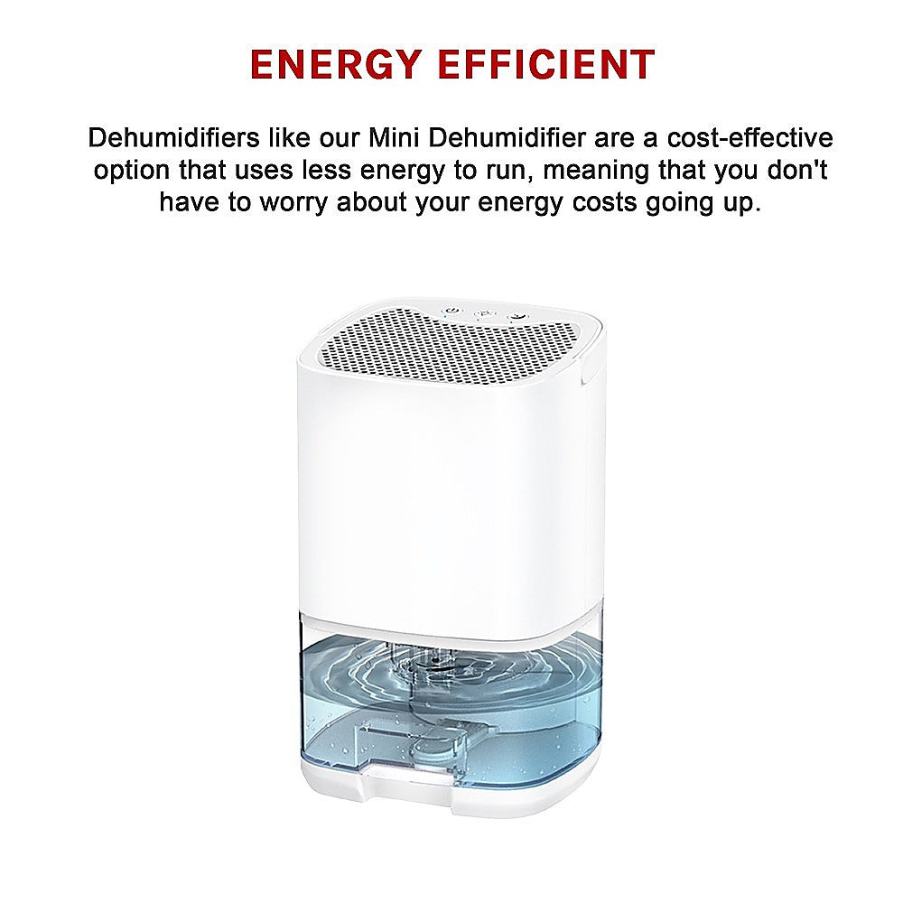 Compact 1000ML Mini Dehumidifier showing automatic moisture control features, energy-efficient design, and portable carrying handle for office use