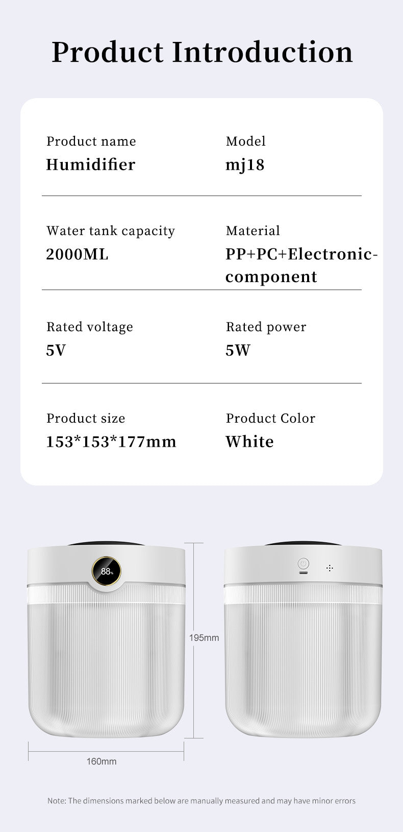 Humidifier product introduction with specifications on a white background