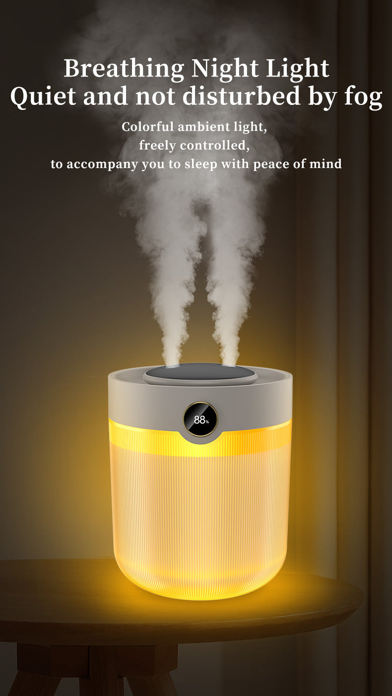 Humidifier emitting mist with text about its benefits on a dark background
