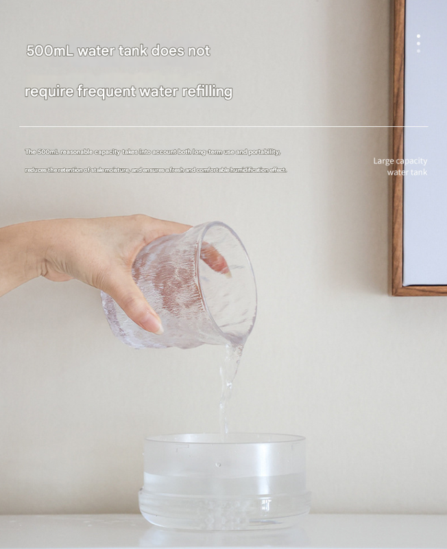 Hand pouring water from a large capacity water tank into a glass container on a white surface.