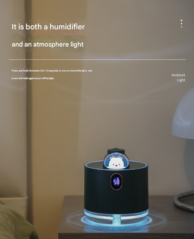 Humidifier with light feature on a table with text description