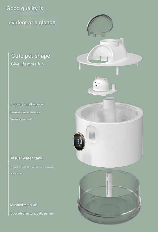White pet water dispenser with transparent parts on a green background