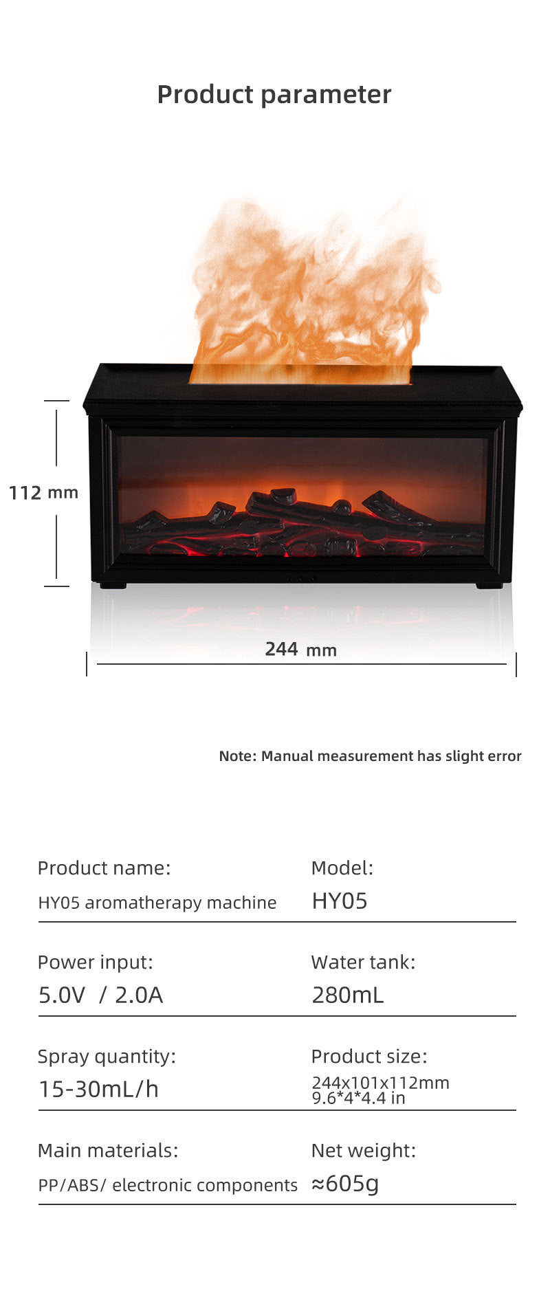 Fireplace Flame Effect Aroma Diffuser & Humidifier with 7-Colour Light, Timer & Remote Control(White)