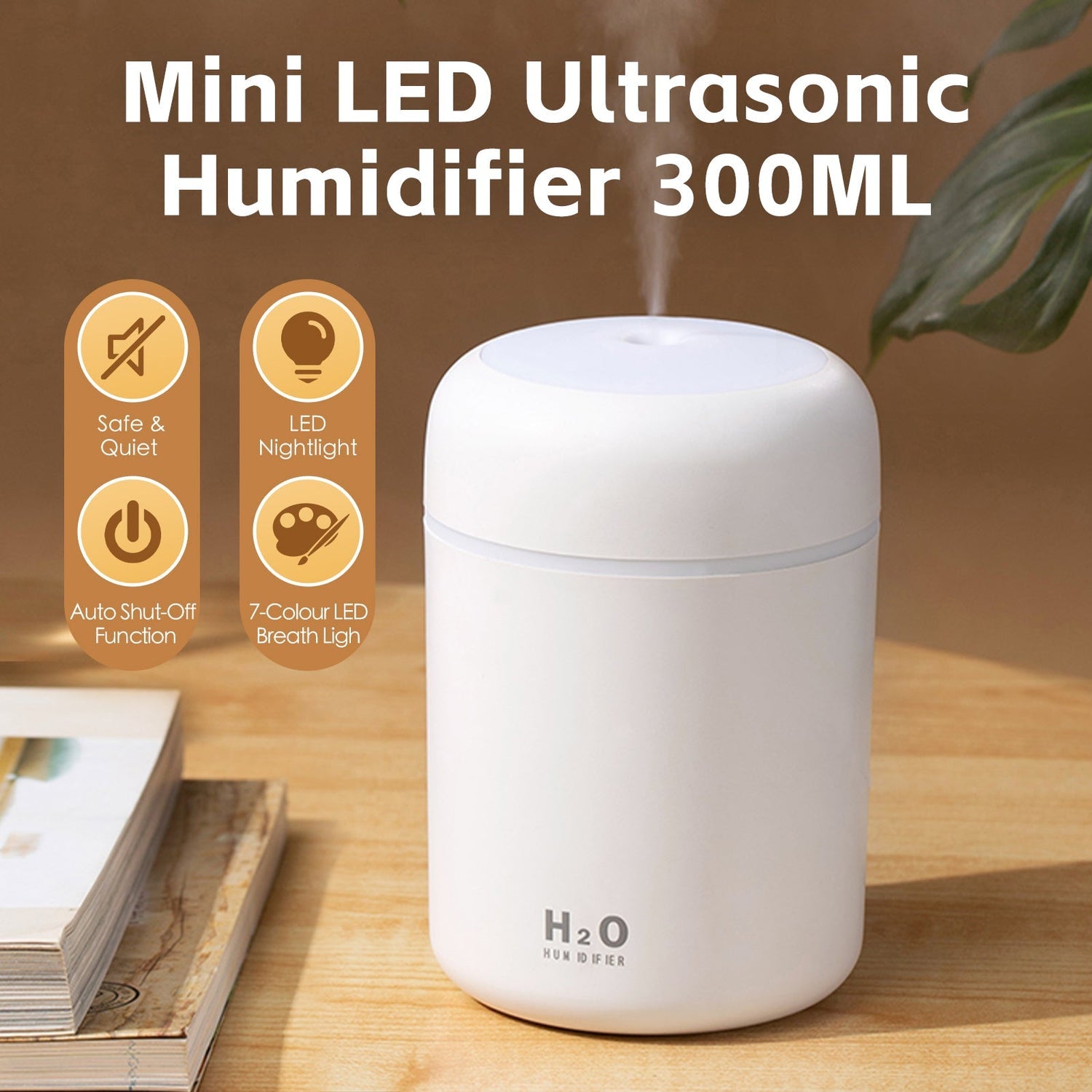 Mini LED Ultrasonic Humidifier 300ML on a wooden surface with features highlighted.