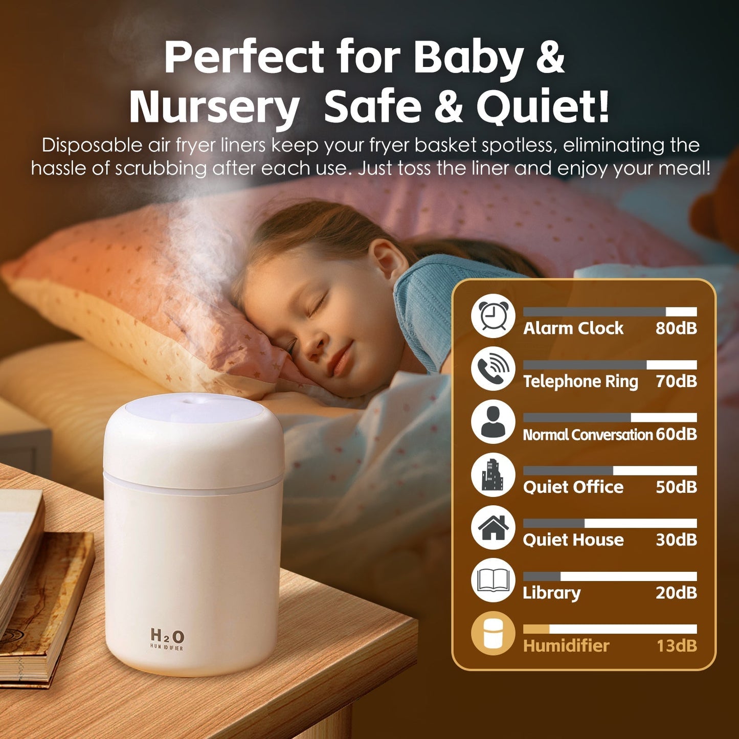 Baby sleeping in bed with a white air diffuser and decibel level chart on a wooden table.