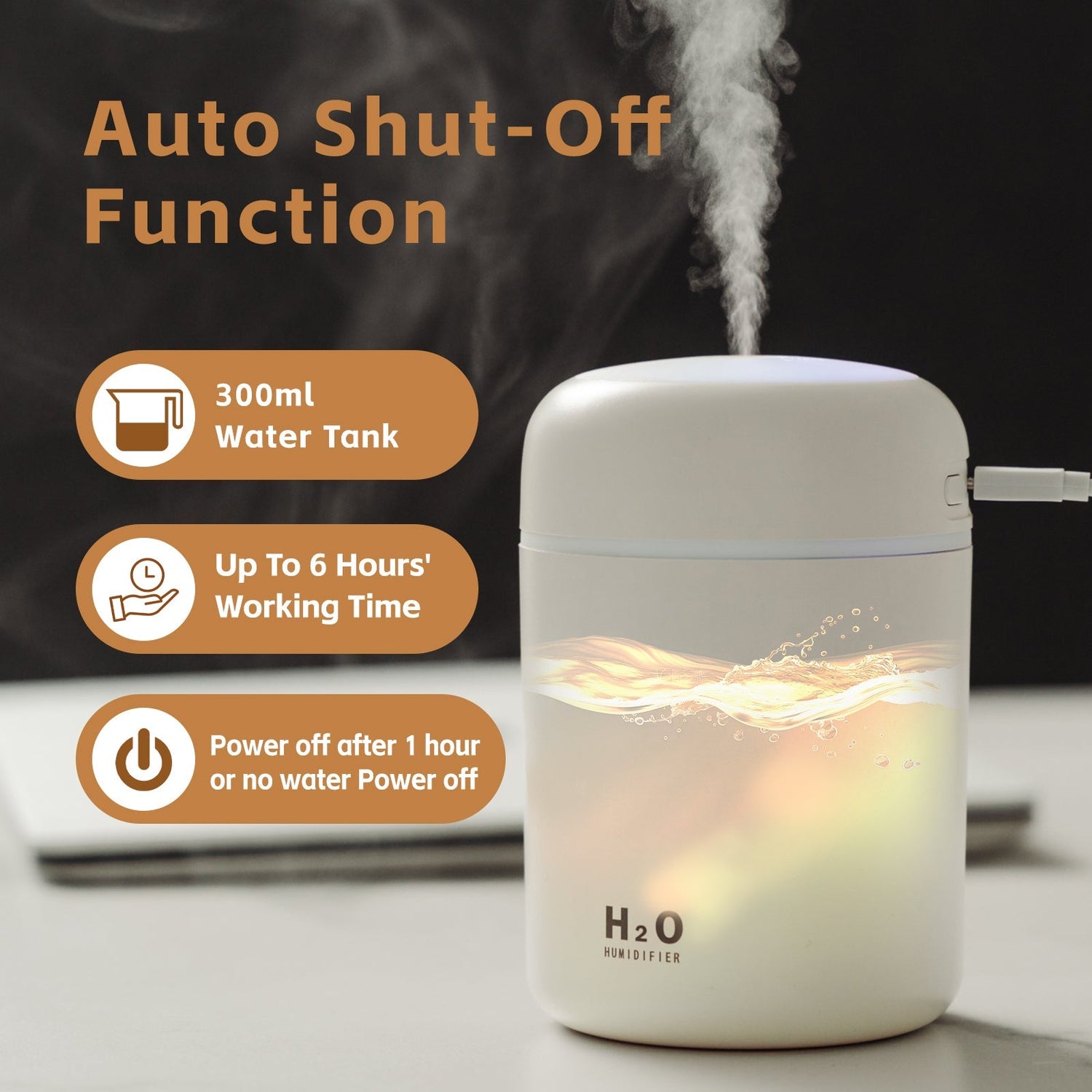 White humidifier with steam rising, featuring text on auto shut-off function, water tank capacity, working time, and power off conditions.