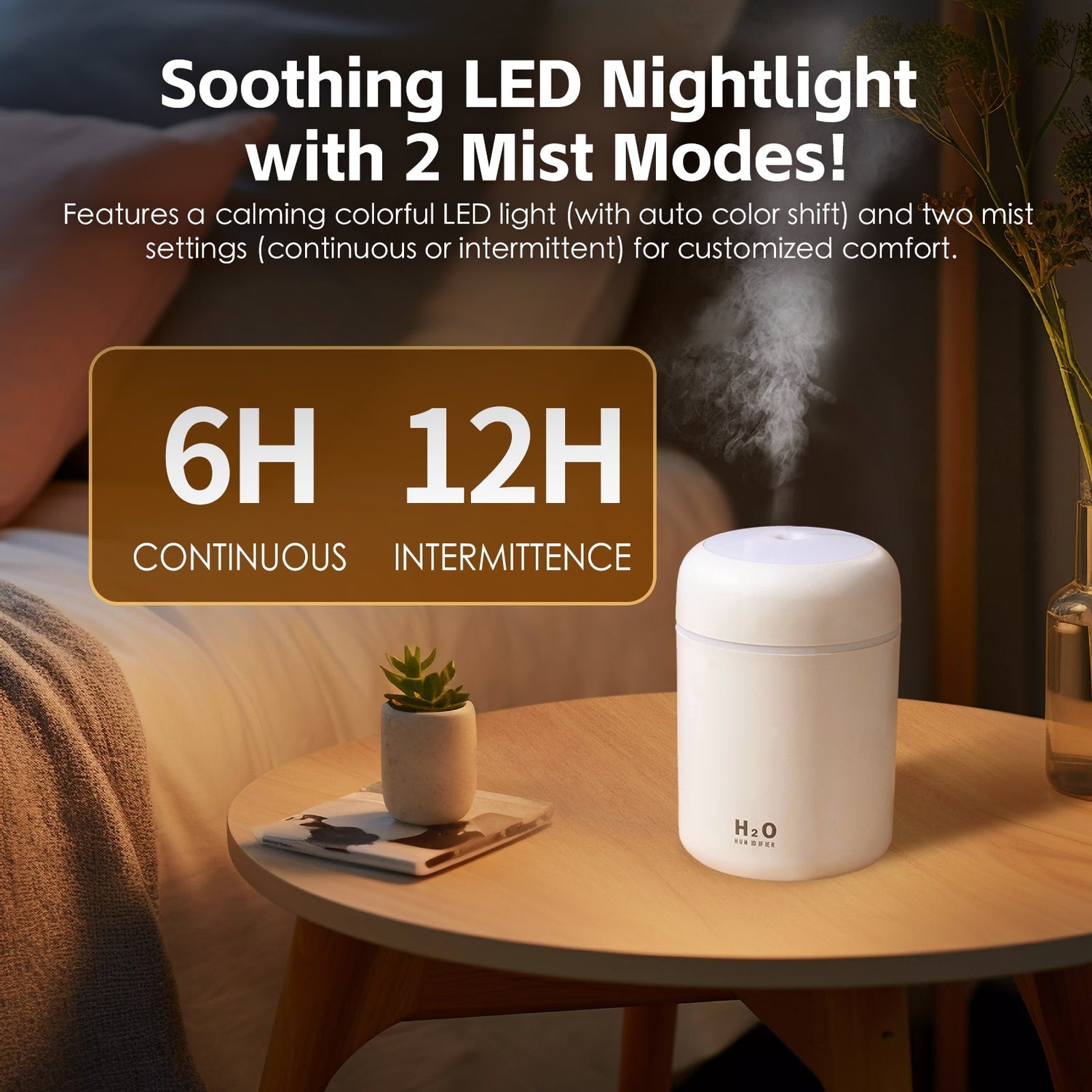 Soothing LED Nightlight with 2 Mist Modes on a table with a plant and book in a cozy room.