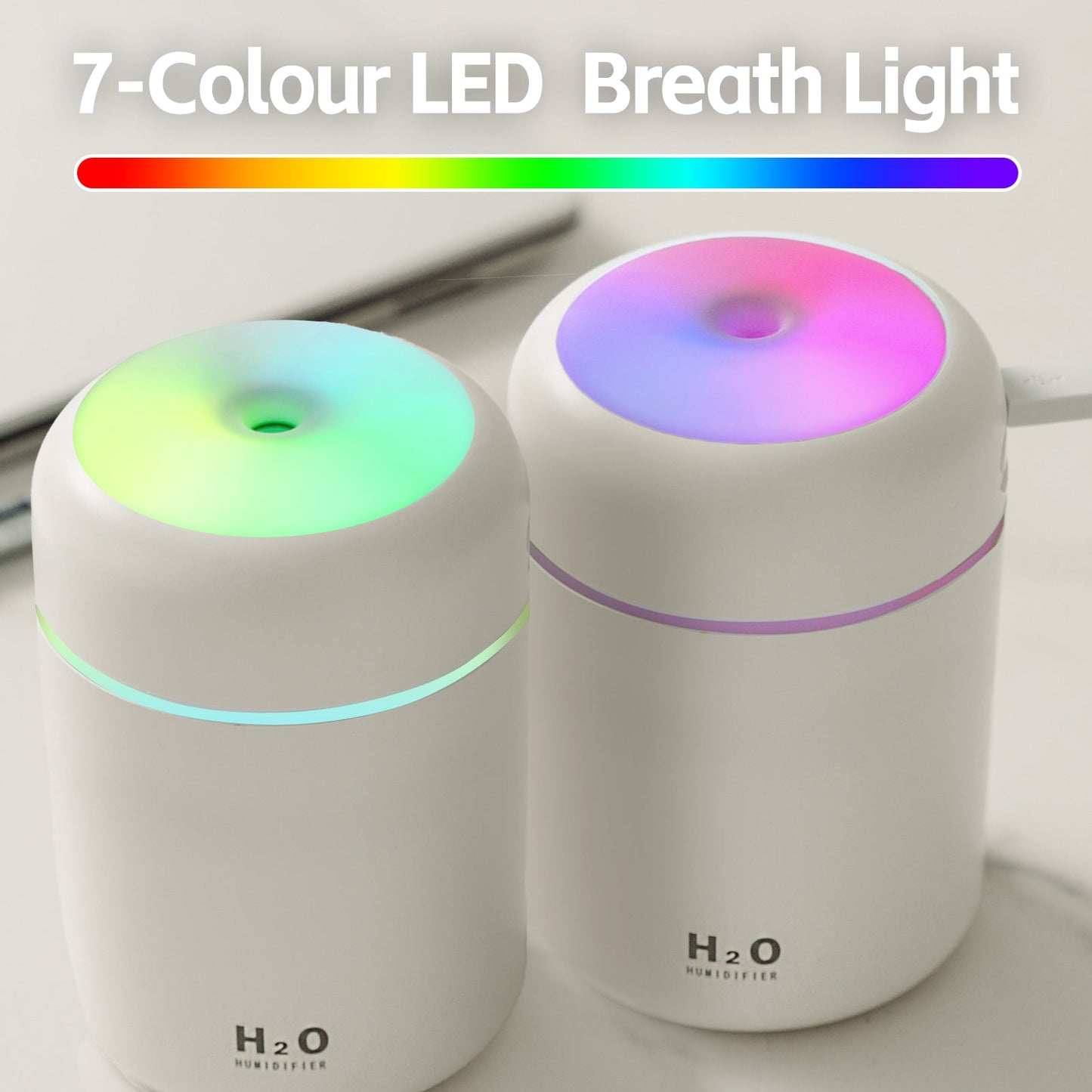 Two 7-colour LED breath lights with a color bar and 'H2O' branding.