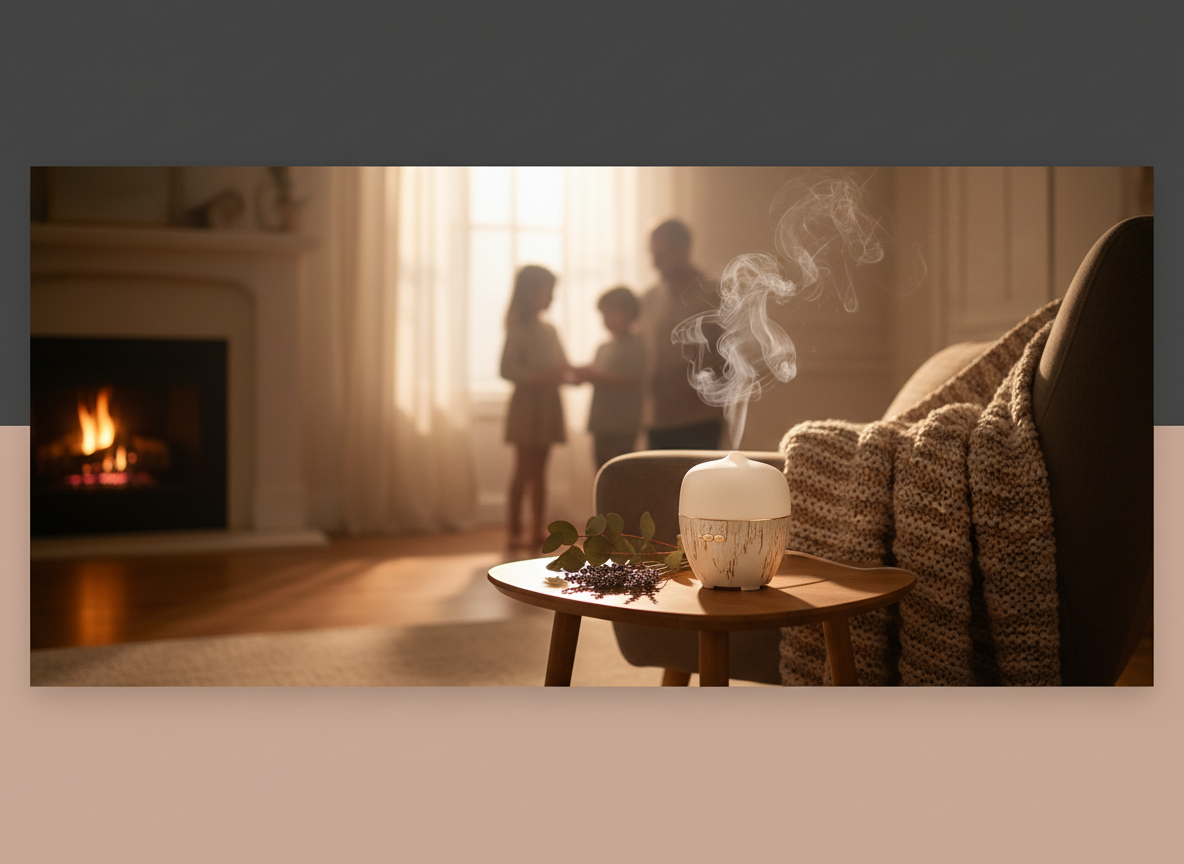 Cozy living room with a fireplace, sofa, and people in the background